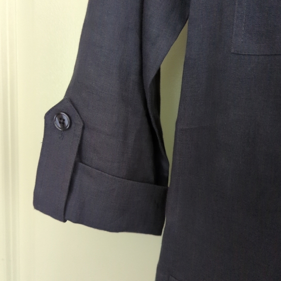 Go Silk Navy Blue Shirt Dress 100% Linen Button Down Pockets Minimalist-51 - Picture 4 of 12